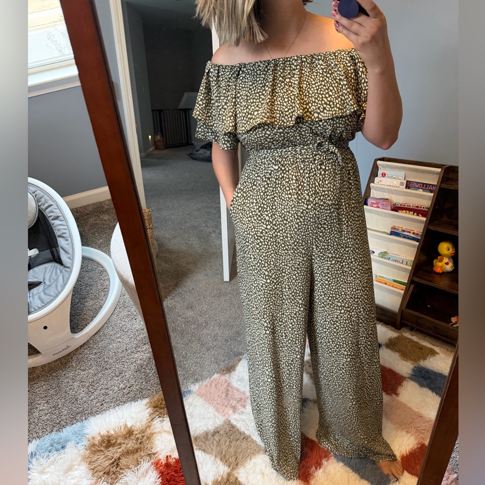 She + Sky Off-Shoulder Olive Green Jumpsuit Small
